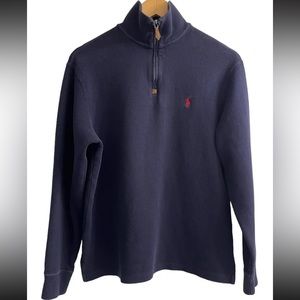 Polo Ralph Lauren 1/4 Zip Sweater Men’s Sz M Navy Blue Pullover Red Pony VTG 90s